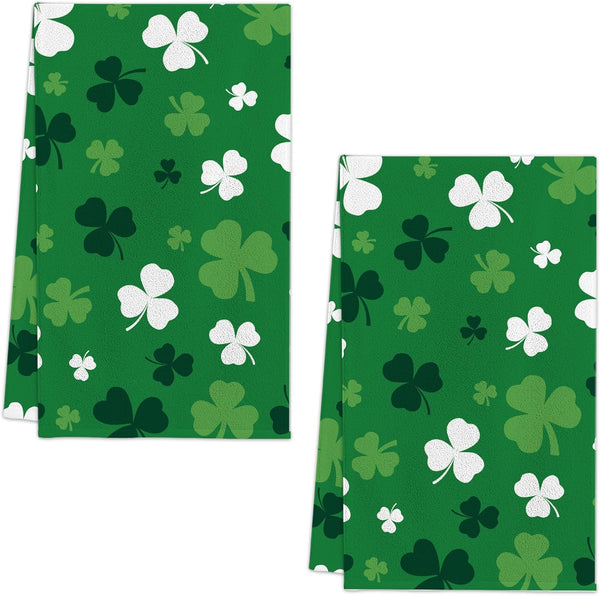 FUTBU St. Patrick's Kitchen Towels, Green Clover Shamrock Dish Towels Set of 2