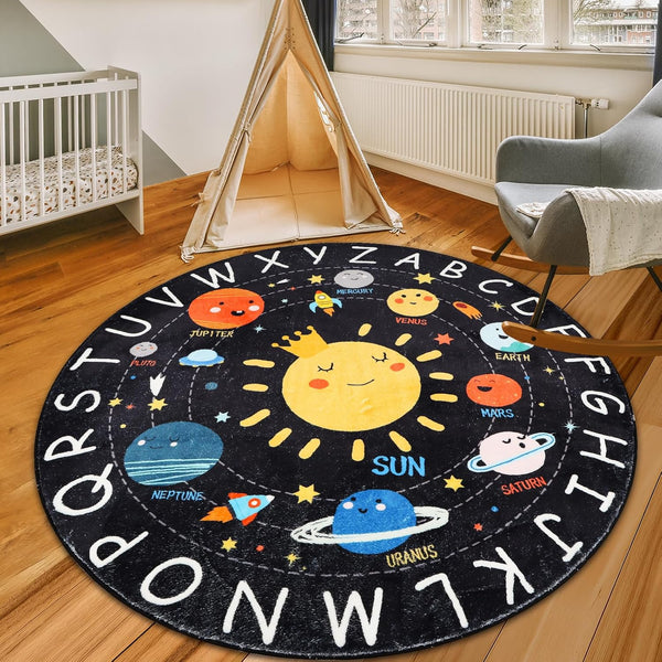 Round ABC Kids Rug,4 Ft Soft Circle Alphabet Playroom Rug,Washable Non-Slip Solar
