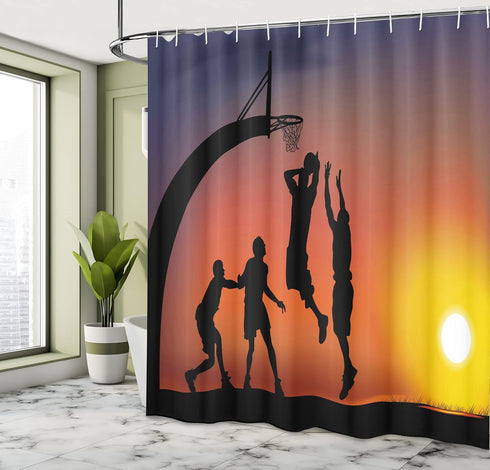 Ambesonne Teen Room Shower Curtain, Boys Playing Basketball at Sunset, 69" W x 70" L, Dark Coral Black Yellow