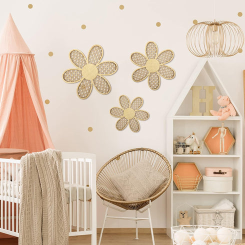 Maitys 3 Pieces Boho Daisy Wall Decor Natural Rattan Flower Wall Hanging Art Wooden Boho Art Nursery Flowers Farmhouse