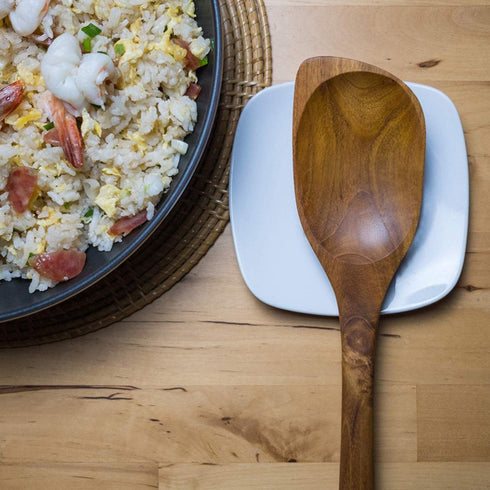 FAAY 13.5" Corner Spoon, LEFT Hand Scraper, Wooden Cooking Spoons from High Moist Resistance Golden Teak Wood