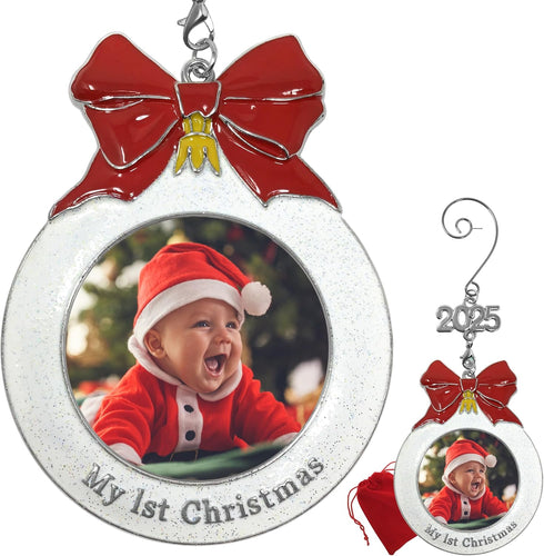 Baby's 1st Christmas Photo Ornament - 2025 Charm, Bulb Shape with White Glitter & Red Bow - Gift-Storage Bag Included,
