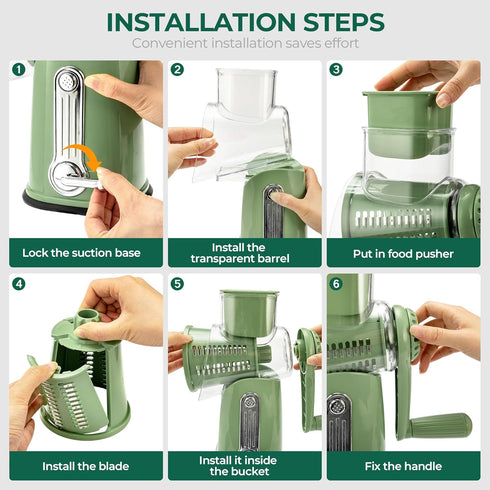 SUSTEAS Rotary Cheese Grater with Handle, Vegetable Shredder with 5 Blades & Strong Suction Base, Retro Green