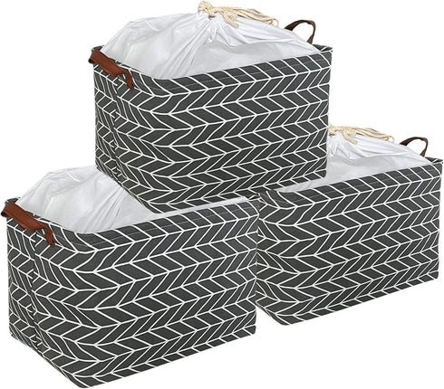 CLOCOR Collapsible Rectangular Storage Basket - 3 Pack Grey Arrow, Waterproof Coating, Handles for Organization