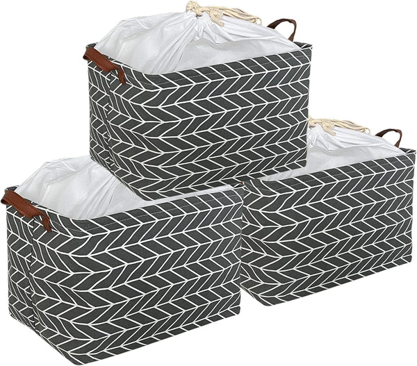 CLOCOR Collapsible Rectangular Storage Basket - 3 Pack Grey Arrow, Waterproof Coating, Handles for Organization