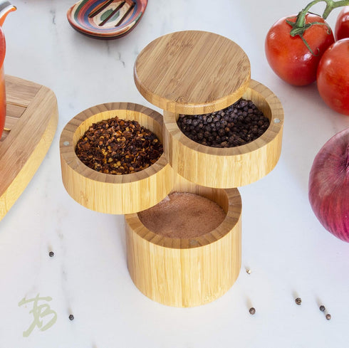 Totally Bamboo Triple Salt Cellar, 3 Tier Bamboo Kitchen Salt and Pepper Storage Box