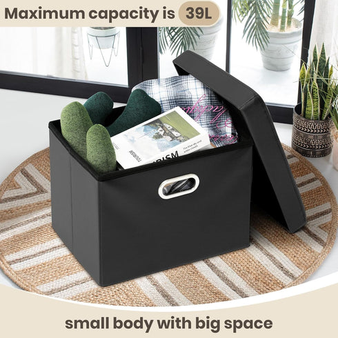17x13x13in COSYLAND Ottoman with Storage Folding Leather Ottoman Footrest Foot Stool Black Ottoman for Room Small