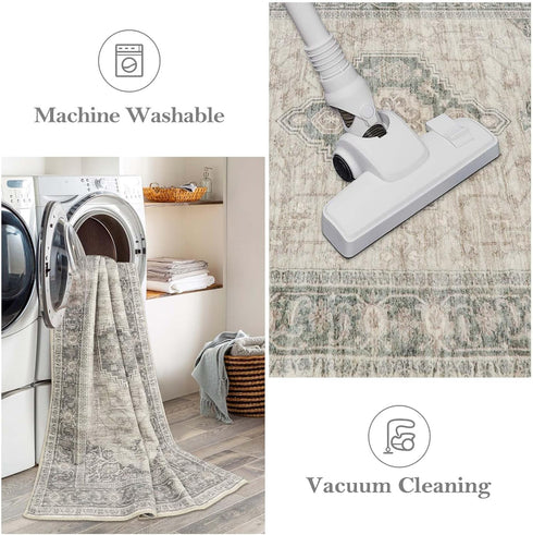 Lahome Oriental 2x5 Hallway Runner Rug, Washable Non-Slip Vintage Carpet Runner for Bedroom Bathroom, Grey