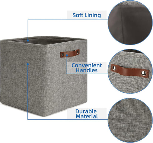 Temary 13 Inch Fabric Storage Baskets, Set of 4 Cube Bins for Home and Office with Leather Handles in Grey