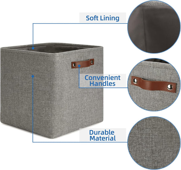 Temary 13 Inch Fabric Storage Baskets, Set of 4 Cube Bins for Home and Office with Leather Handles in Grey