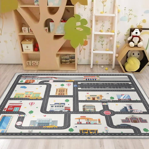 5x7ft Kids City Road Car Play Rug - Non-Slip Faux Wool Carpet with Interactive City Map Design, Educational Toy Vehicle