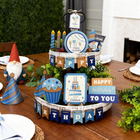 YvSuZeBuDa 24Pcs Set, 2 Wooden Tiered Tray Decor Farmhouse Birthday Decor with Happy Birthday Sign, Rustic Tier Tray