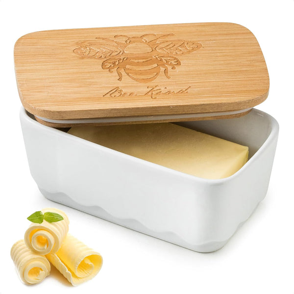 Covered Butter Dish for Countertop, Ceramic Airtight Butter Holder with Wooden Lid, Vintage HoneyBee Decor