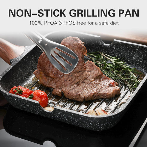 Nonstick 11 Inch Square Grilling Pan with Lid for Stove Tops, Granite Coating Grill Skillet for Indoor Cooking, PFOA
