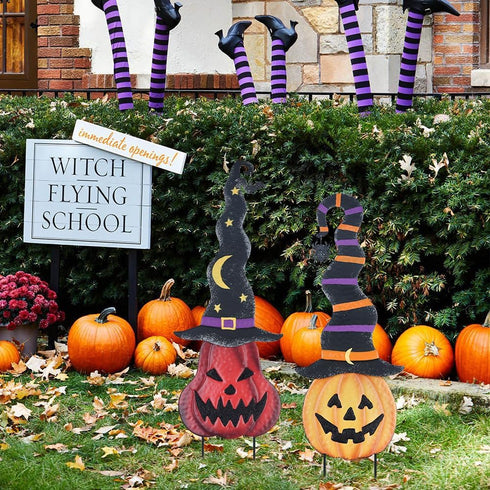 YEAHOME Halloween Decorations Outdoor - 2 Pack Metal Pumpkin Garden Stakes with Witch Hats