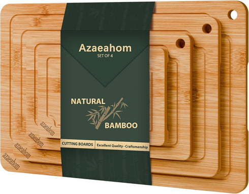 Bamboo Cutting Boards for Kitchen, 4-Piece Wood Cutting Board Set with Juice
