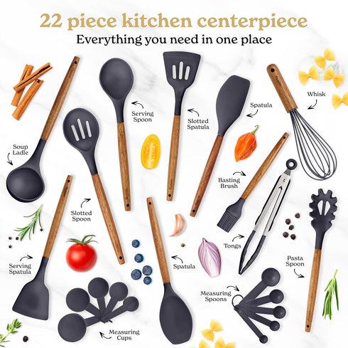 Silicone Kitchen Utensils Set & Holder, Cooking Essentials for New Home, Grey