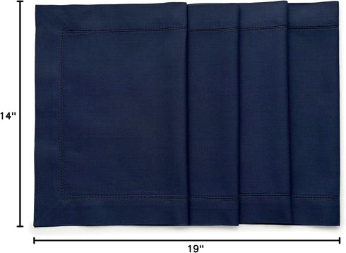Solino Home Navy Placemats Set of 4, Cotton Linen Hemstitch Placemats 14 x 19 Inch for Summer, Fall