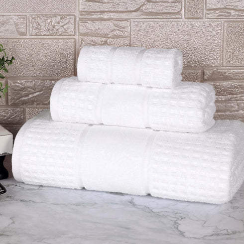 Superior Cotton 3-Piece Towel Set, Zero Twist, Waffle Border, Bathroom Essentials, Shower,