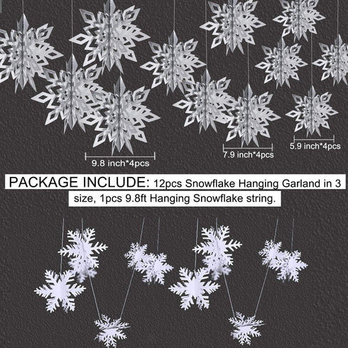 OuMuaMua Winter Christmas Hanging Decorations - 12PCS 3D Large Silver Snowflakes & 12PCS White Paper Snowflakes Garland