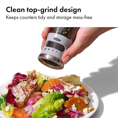 Settings, OXO Good Grips Contoured Mess-Free Pepper Grinder, Adjustable Ceramic Grinder with Five Black Pepper Mill