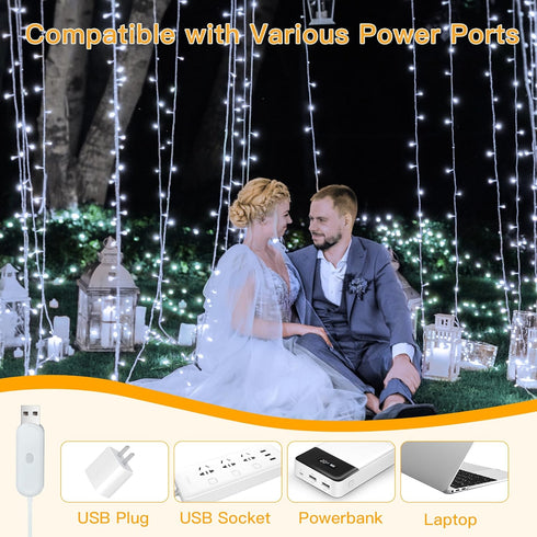 Ollny Curtain Lights 6.6x6.6ft, 200 LED White String Lights with Remote, USB Power Fairy Light for Wedding Decor
