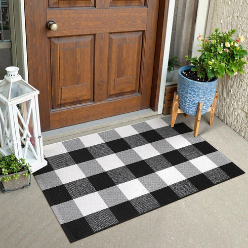 KIMODE Buffalo Plaid Front Door Mat, 24"x35", Black and White Checkered Cotton Woven Rug
