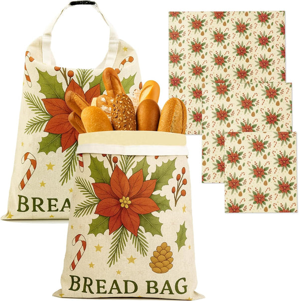 5PCS Christmas Beeswax Bread Bags Set 2 Reusable Bread Bags + 3