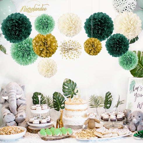 NICROLANDEE 12 PCS Green Wedding Party Decorations, Emerald Green Ivory Tissue Paper Pom Poms for Baby Shower