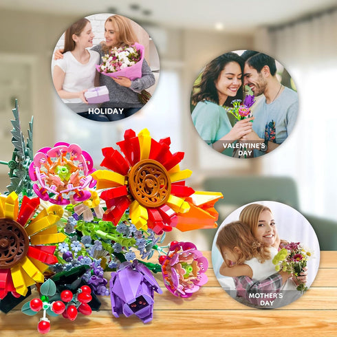 Flower Bouquet Building Set - 17 Artificial Botanical Collection Flowers DIY Home Decoration Gifts (976 Pcs)