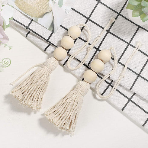 Garneck 4pcs Natural Cotton String Tassel Wood Beads, Handmade Wooden Pendant for Closet Door Handle Decor