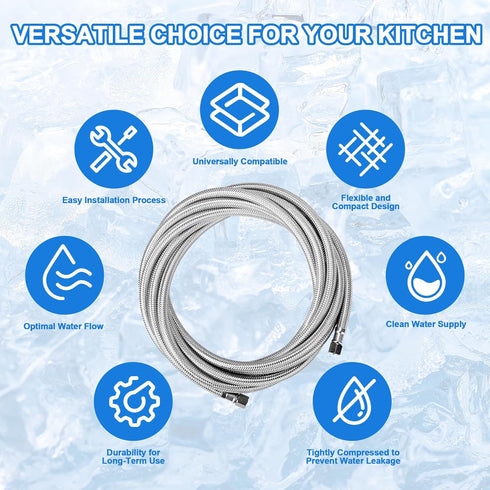 2 FT Stainless Steel Braided Ice Maker Connector, Universal Flexible Refrigerator Water Supply Hose Tube & Pipe Kit with 1/4" Compression Fitting