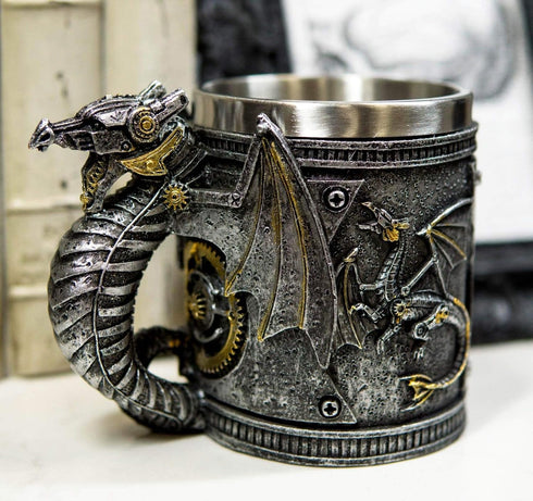 Ebros Gift Steampunk Nightcrawler Silver Firewheel Cyborg Dragon Beer Stein Tankard Coffee Mug