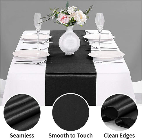 5-Pack Satin Table Runner Black, 12 x 108 inches Long, Table Runners for Wedding, Birthday Parties, Banquets