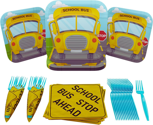 Blue Orchards School Bus Value Party Supplies Pack - 60 Pieces for 16 Guests, Birthday Plates and Napkins