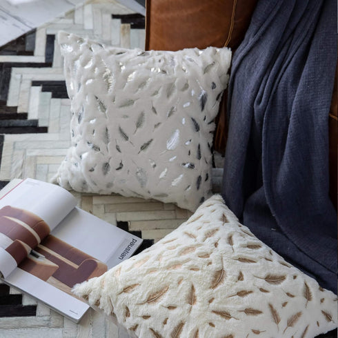 Decorative Pillow Covers - 18x18 Inch Throw Pillows for Living Room, Set of 2 White Fur with Gold Leaves