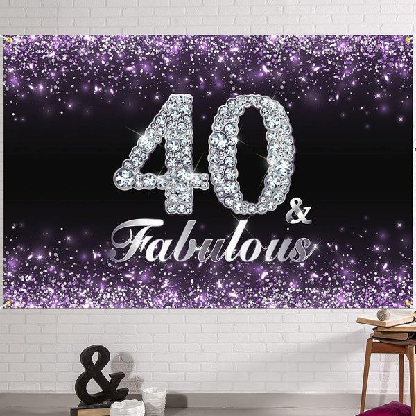 HAMIGAR 6x4ft Happy 40th Birthday Banner Backdrop, 40 & Fabulous Birthday Decorations for Women
