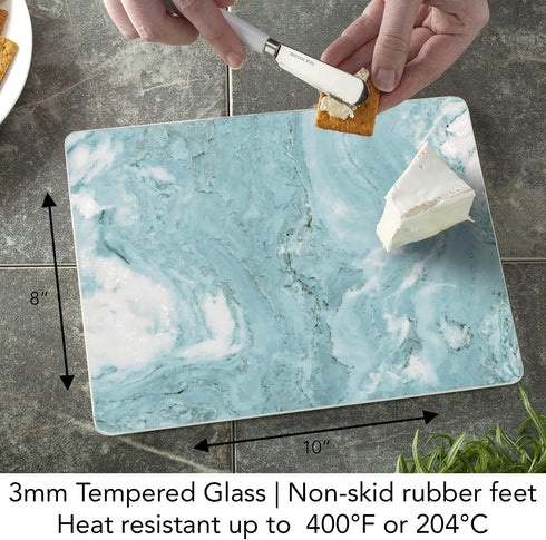 CounterArt Teal Quartz Design Decorative Tempered Glass Cutting Board 10” x 8”, Heat Tolerant, Dishwasher Safe, Blue,