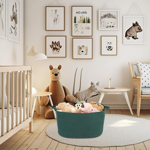 Large Rectangle Blankets Basket, 22"x17"x12" Woven Cotton Rope Storage Basket for Nursery Toy Basket, Dark Green
