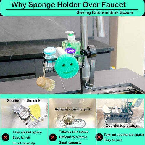 Sponge Holder for Kitchen Sink Smiley Face Sponge Holder Over Faucet - Stainless Steel Sink Caddy Organizer with Quick
