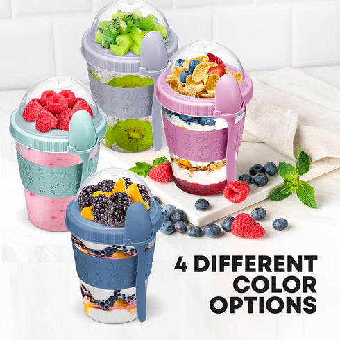4 Pack 20oz Tribello - On the Go Yogurt Parfait Cups with Lids, Topping Compartment & Spoon, Yogurt/Parfait Cups