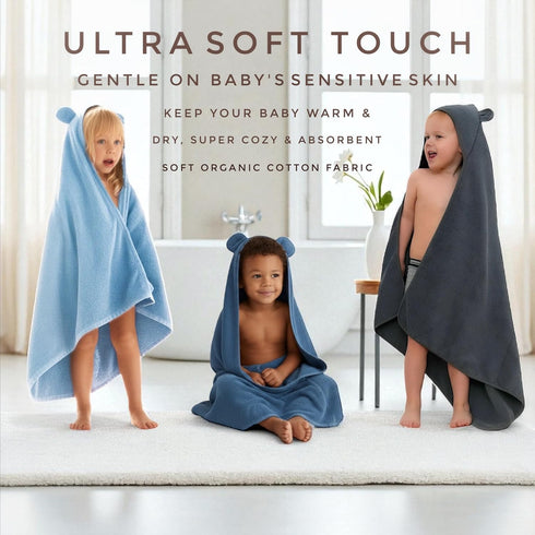 33"x33" 0-5T, Organic Cotton Toddler Poncho Towel Ultra-Soft Hooded Bath & Beach Towel with Bear Ears Absorbent Kids