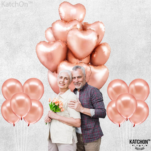 KatchOn Pack of 20 Big Rose Gold Heart Balloons - 18 Inch Rose Gold & Blush Pink Heart Shaped Balloons for Valentines &