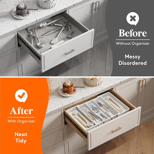 Lifewit Expandable Utensil Organizer for Kitchen Drawers, Adjustable Cutlery Flatware Holder, Large White Storage