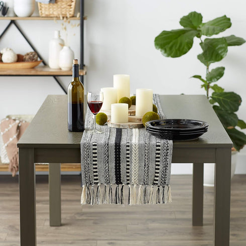 15x72 (15x77, DII Farmhouse Braided Stripe Table Runner Collection, Fringe Included), Black
