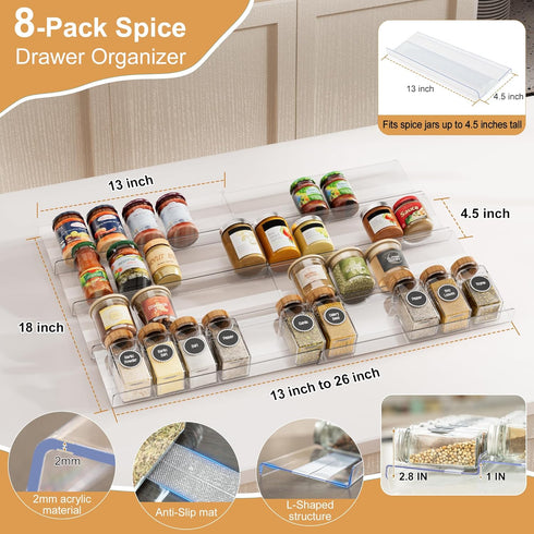 8-Pack (13" 26") 56 Spice Drawer Organizer, Expandable Acrylic Seasoning Rack to with Anti-Slip Mat, Kitchen Spice Rack