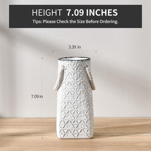 7 inch Vaseking Elegant White Petite Vase, Ceramic Modern Minimalism Geometric Texture Purse Vase with Hanging Rope
