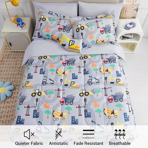 Sets 6 Set Set, Mooreeke Kids Twin Comforter for Boys Pieces Excavator Grey Bedding for Teens Soft Microfiber Kids Bed