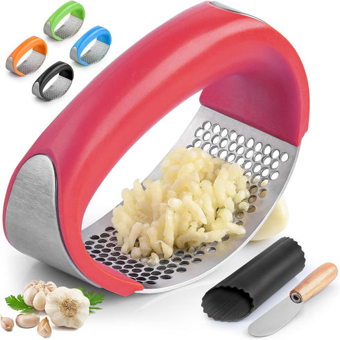 Zulay Kitchen Stainless Steel Garlic Press Rocker Set, Premium Garlic Mincer with Peeler and Scraper, Comfortable Grip