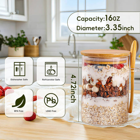 MHDCLY Lids,16oz 4 Pack, Overnight Oats Containers with Overnight Oats Jars Oatmeal Cups,Meal Prep Containers,Glass